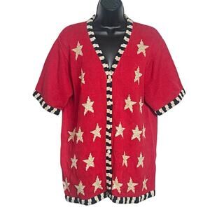 VINTAGE QUACKER FACTORY PATRIOTIC CARDIGAN SWEATER USA AMERICA 4th Of JULY SZ L